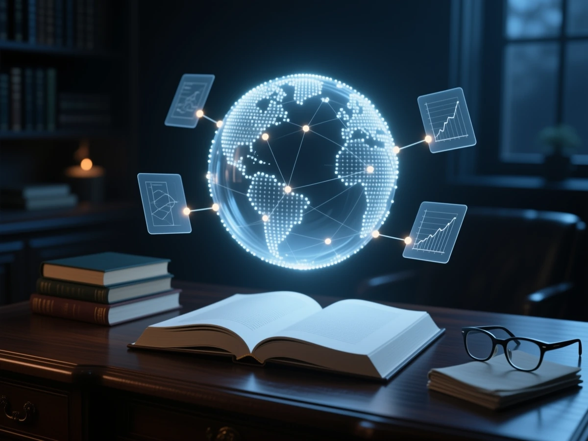 An open book on a dark wooden desk at night, with a luminous globe of light points hovering above it, joined by fine lit threads to small translucent panels of charts