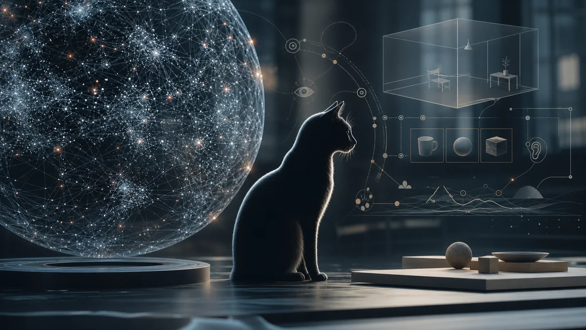 Cat silhouette studying a glowing neural world model and visual reasoning panels