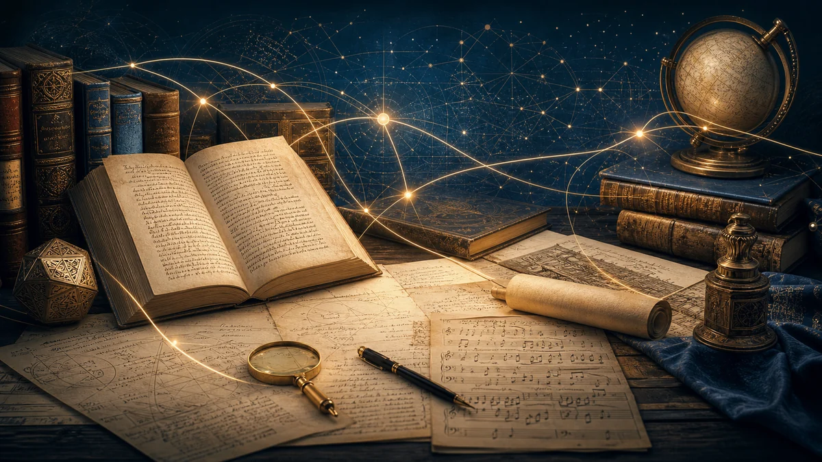 Library table with manuscripts, constellations, and scholarly light around cultural memory