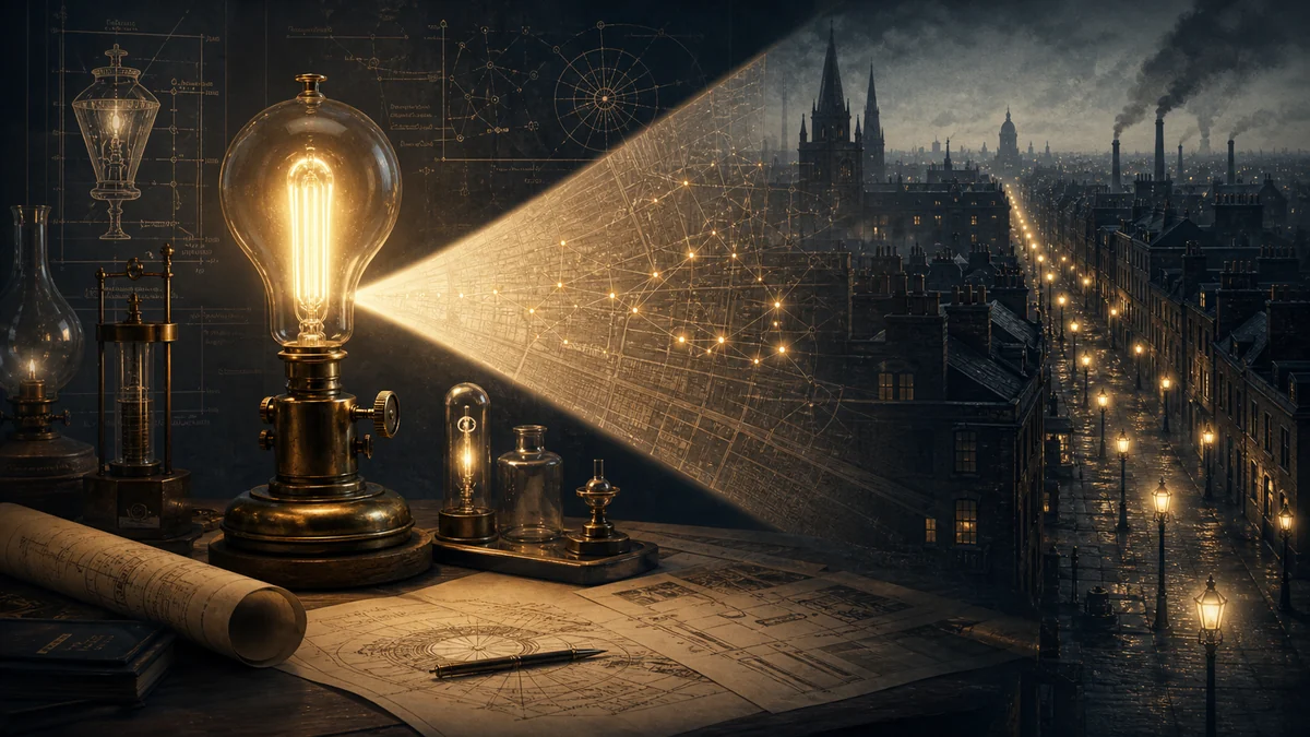 Historical city street illuminated by early artificial lights and scientific diagrams