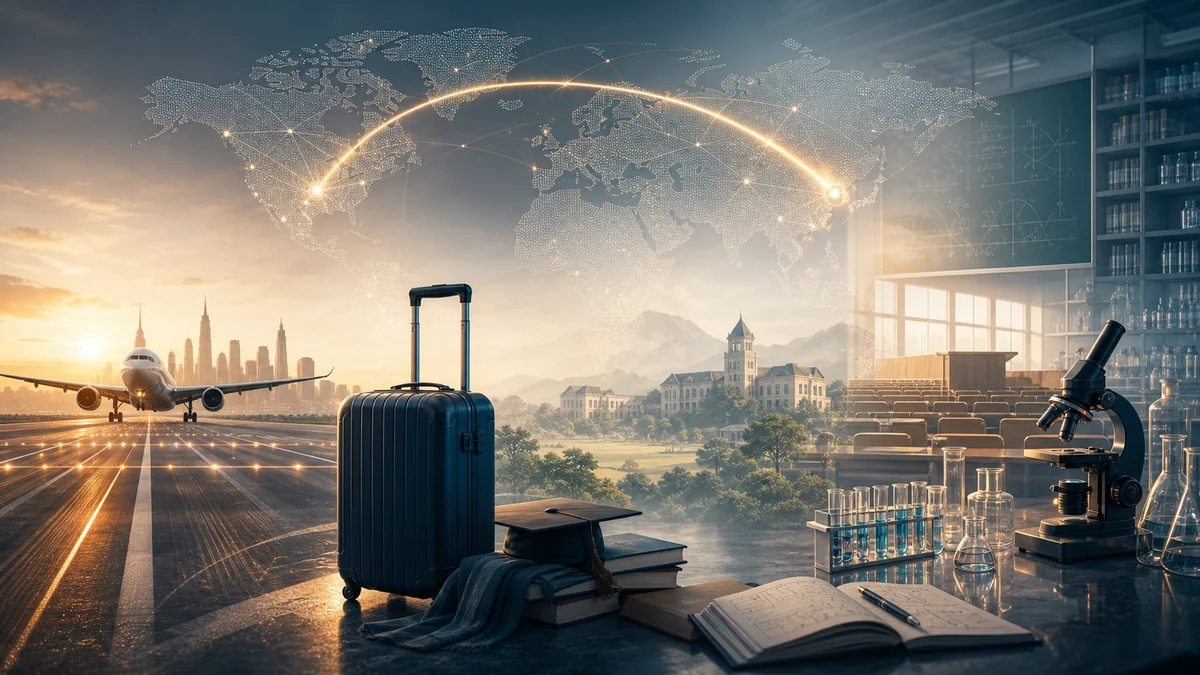 Scholar moving between overseas campus and Vietnam with a bridge of light