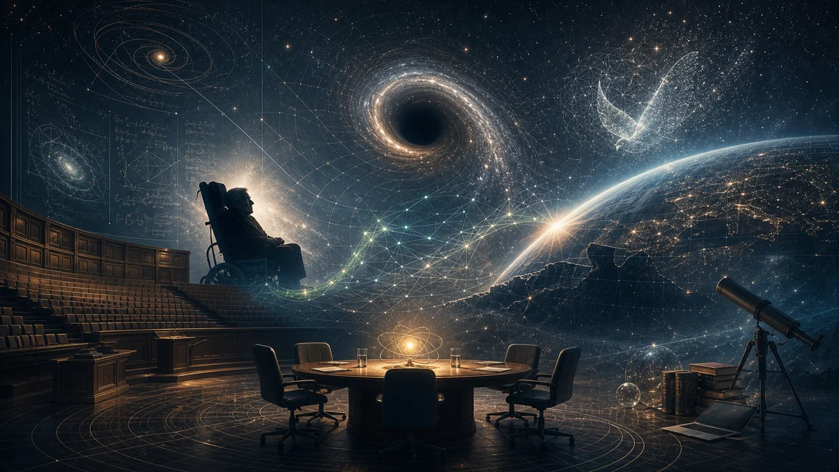 Cosmology lecture stage with galaxies, equations, and public conversation panels
