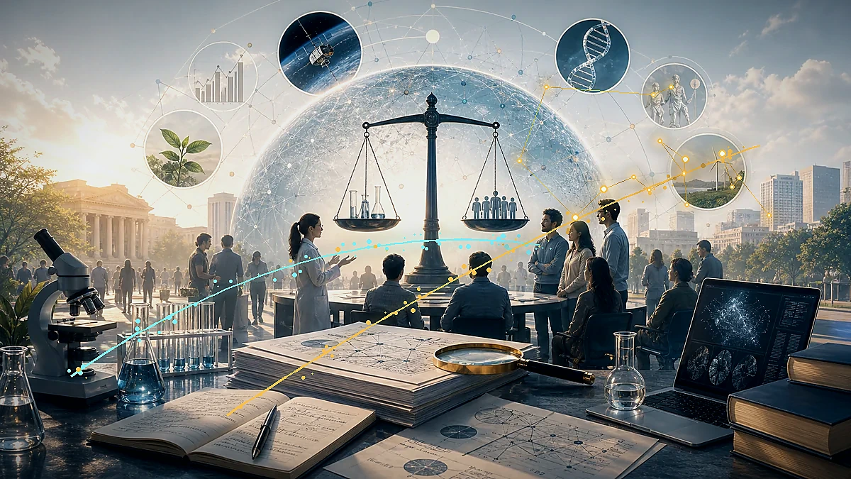 Scientists standing above a public forum with evidence lines and civic symbols