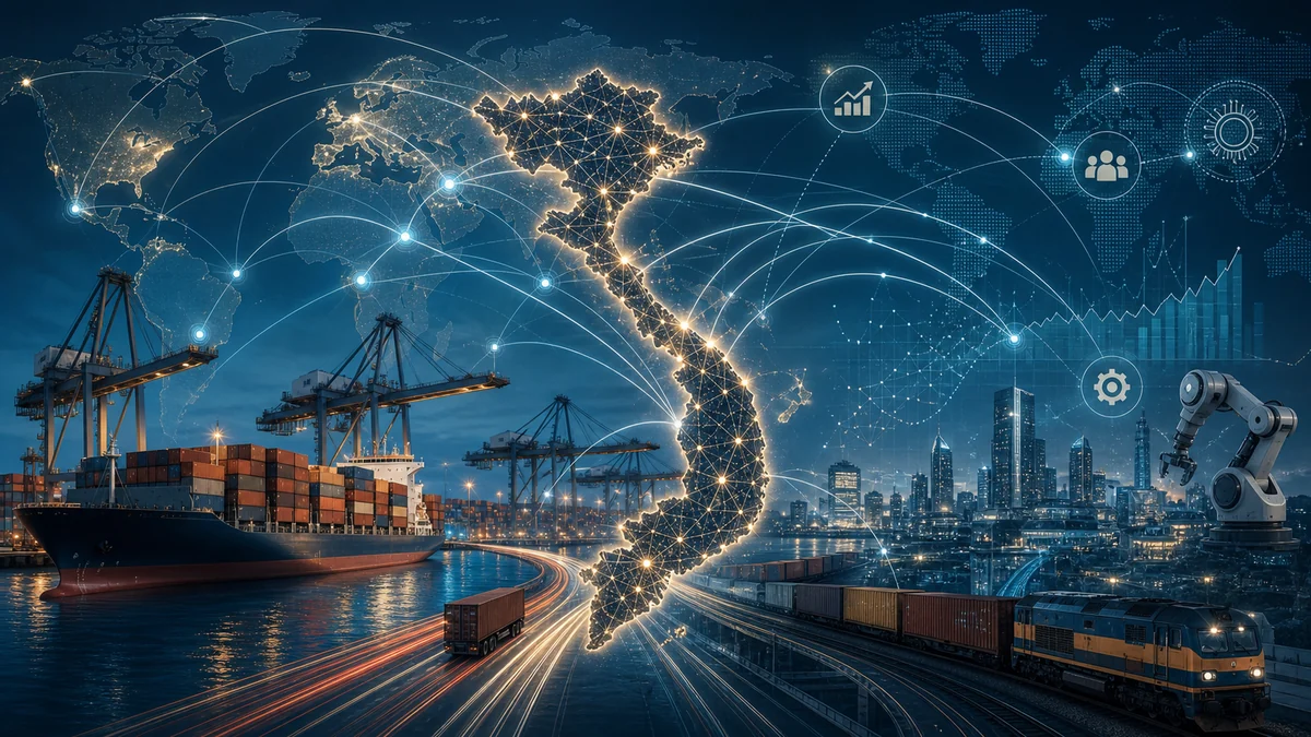 Vietnam trade network connecting ports, factories, cities, and export routes