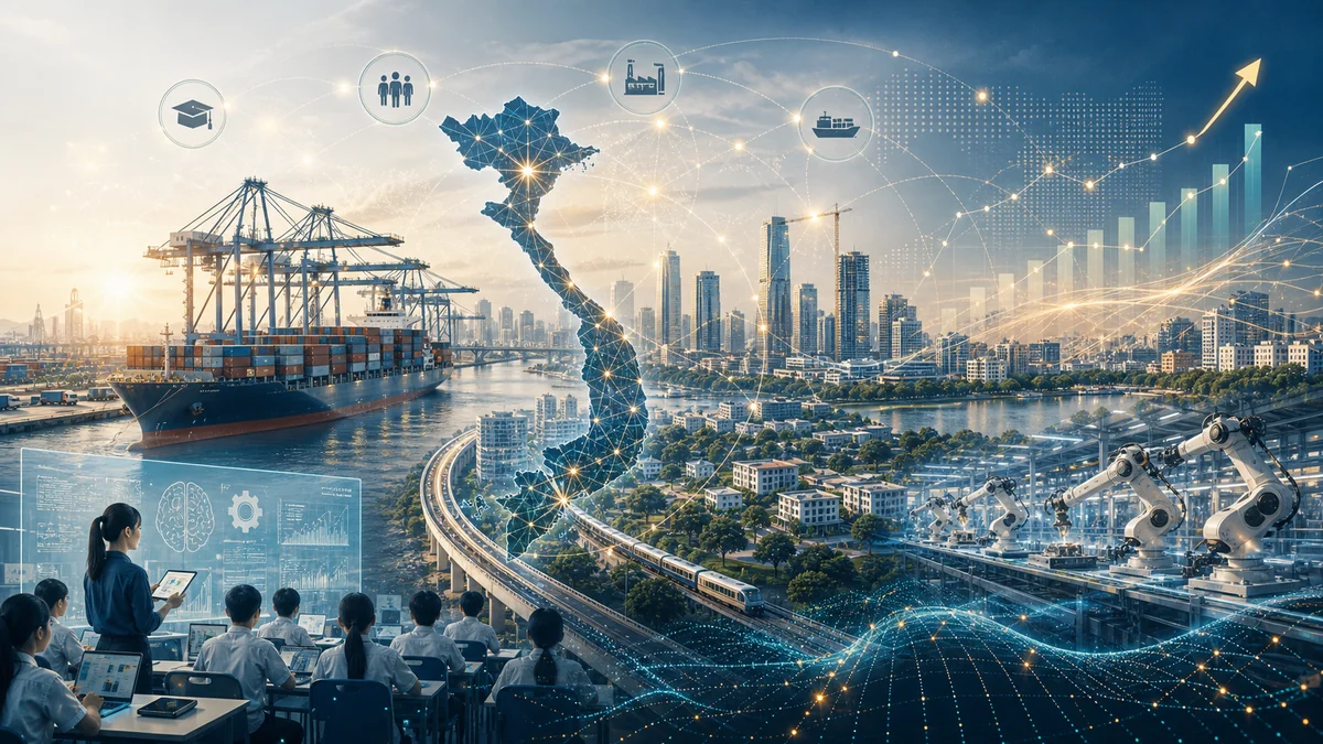 Vietnam economic development scene with ports, classrooms, factories, and rising charts