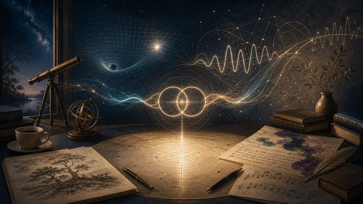 Einstein and Tagore inspired conversation under a cosmic library ceiling