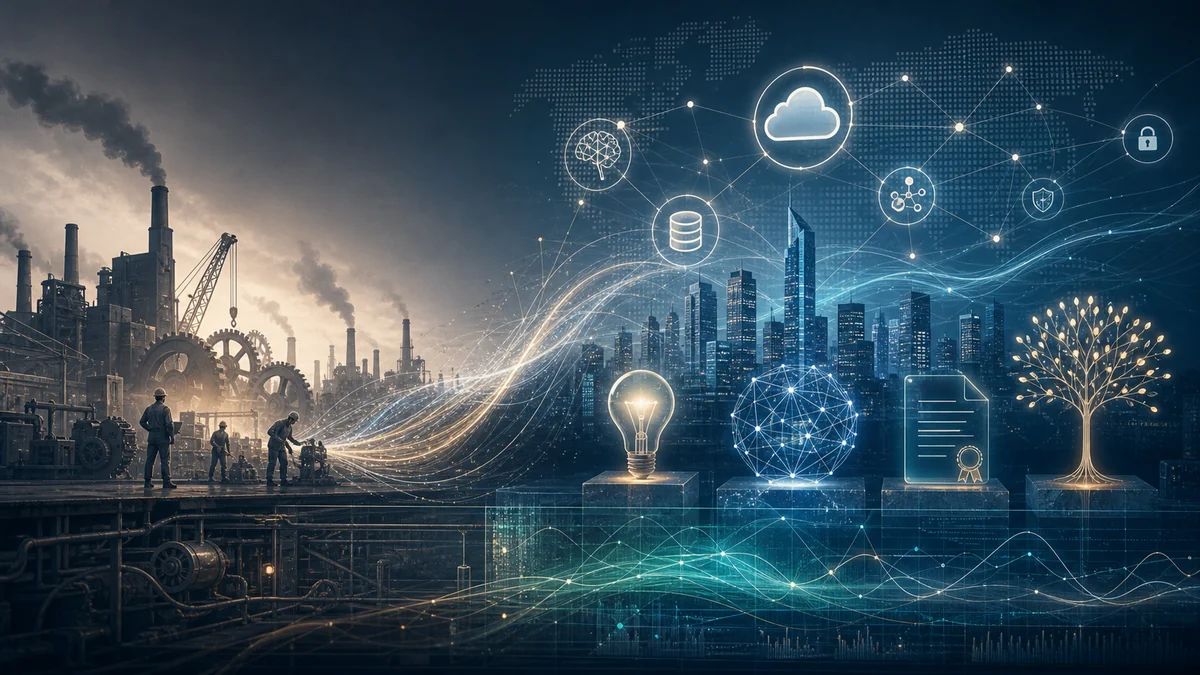 Invisible economic assets represented by software, knowledge, networks, and glowing ledgers