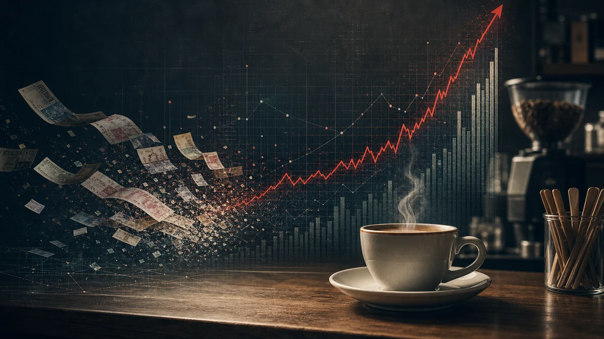 Coffee cup beside exploding currency numbers and Venezuela inflation charts