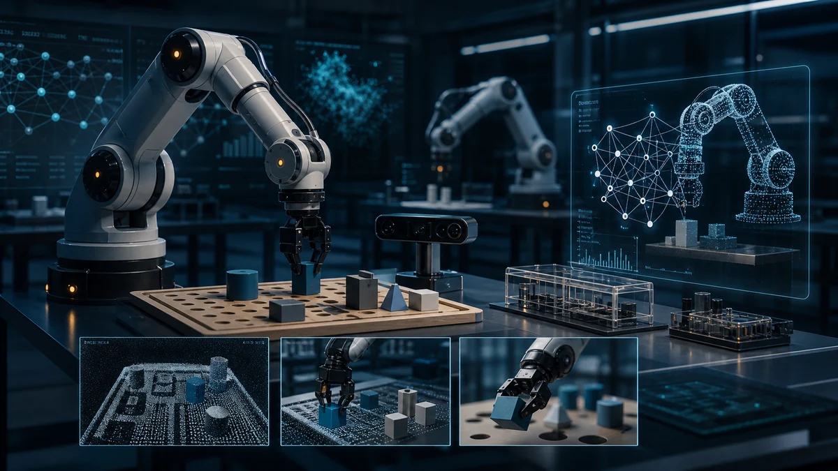 Robotics laboratory with manipulator arms, AI perception grids, and research dashboards