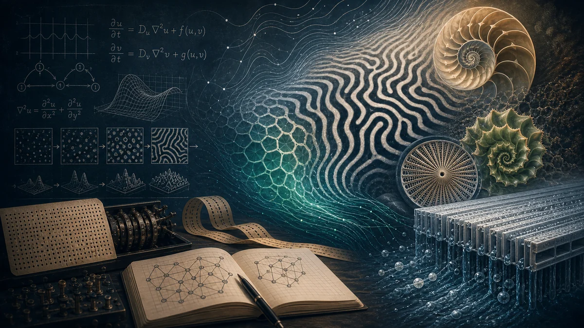 Turing pattern mathematics flowing into shells, spots, waves, and computing diagrams