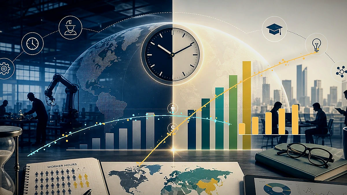 Productivity comparison dashboard with workers, clocks, and national output charts
