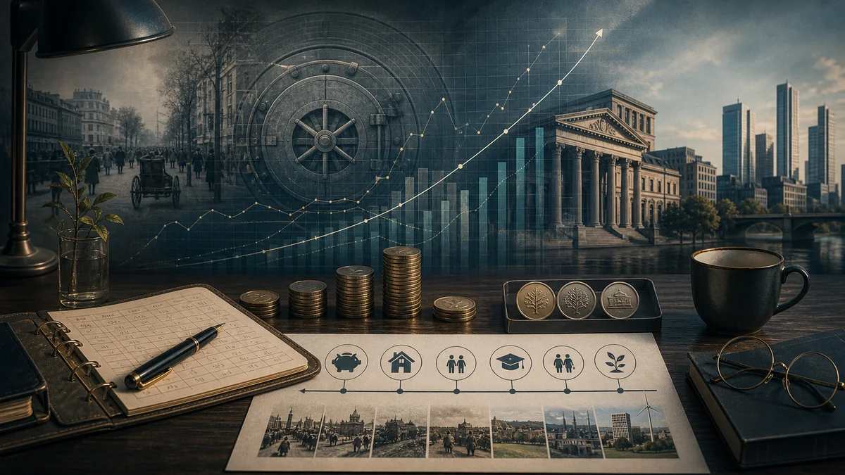 German city street with savings symbols, household ledgers, and economic culture diagrams
