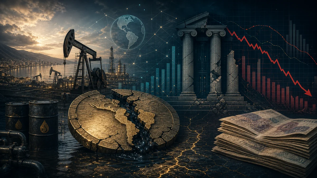 Venezuela economic timeline with oil, currency collapse, and social stress indicators