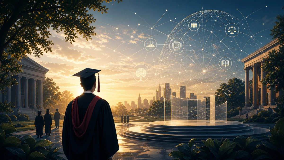 Commencement stage with technology responsibility themes and connected graduates