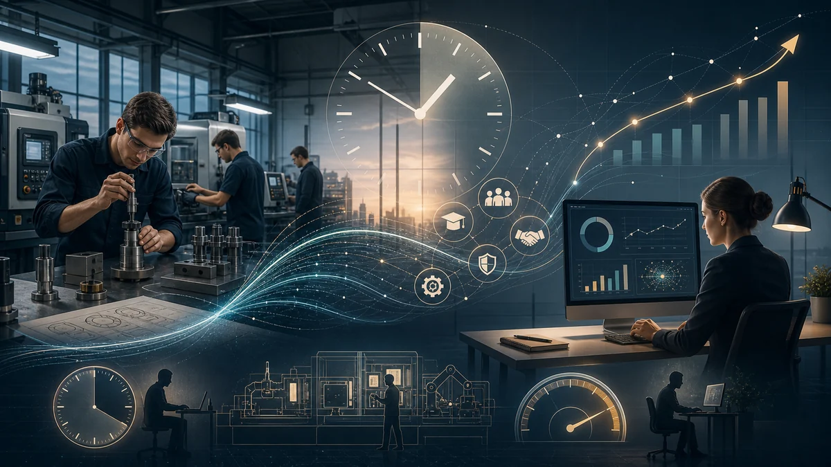 German workplace with focused teams, protected time, and productivity gauges