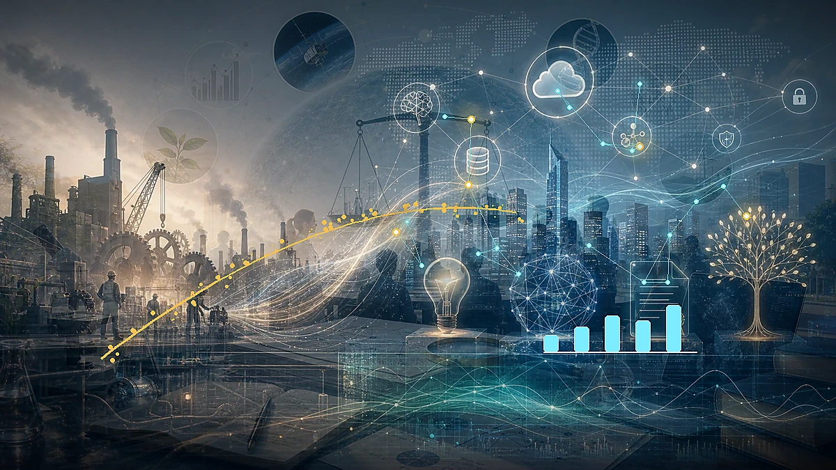 Scientific illustration of civic technology challenges connecting public institutions, industry, and social systems