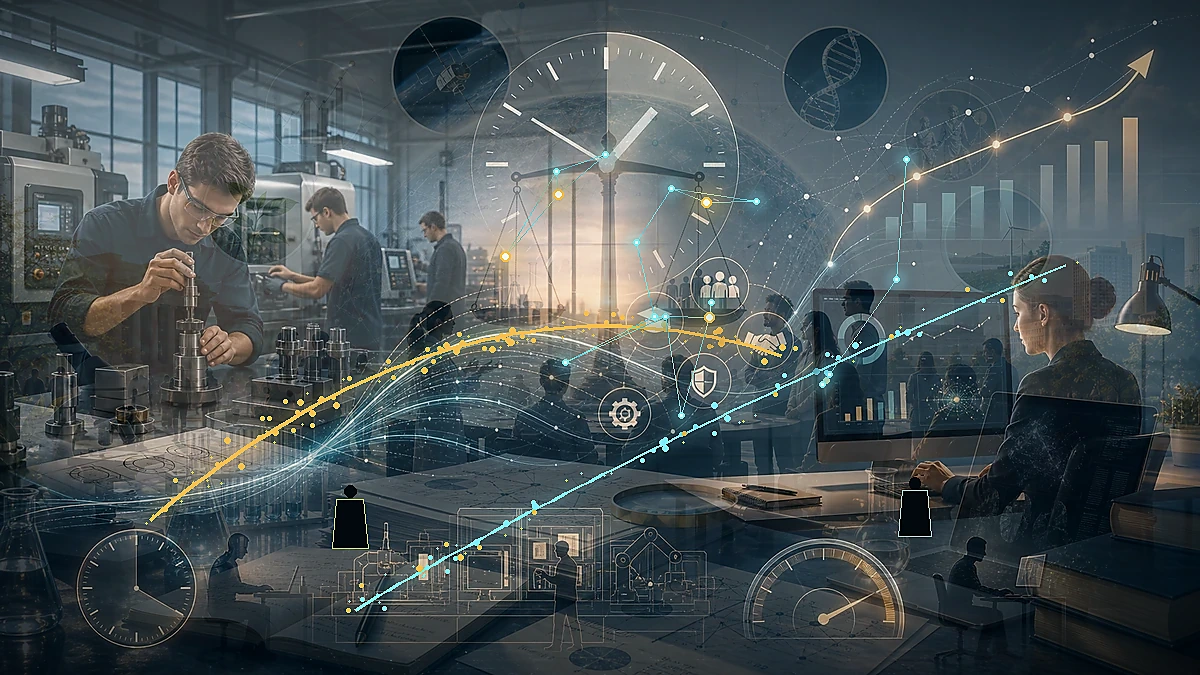 Scientific illustration of research talent moving between university campus and industrial laboratory networks