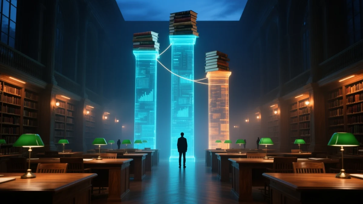 A library reading room at night with green desk lamps, tall luminous cyan columns of descending height standing in the central aisle, each topped by a stack of journal volumes