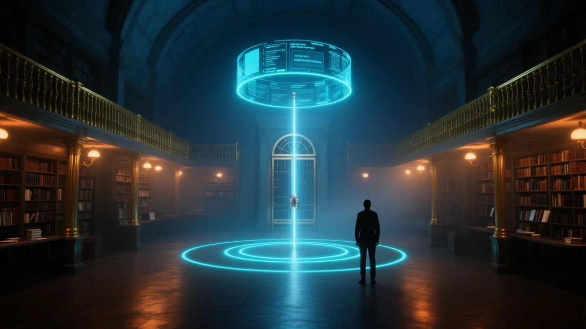 A vaulted periodicals hall at night with a large luminous ring gate hovering above the floor and a single figure standing in its beam