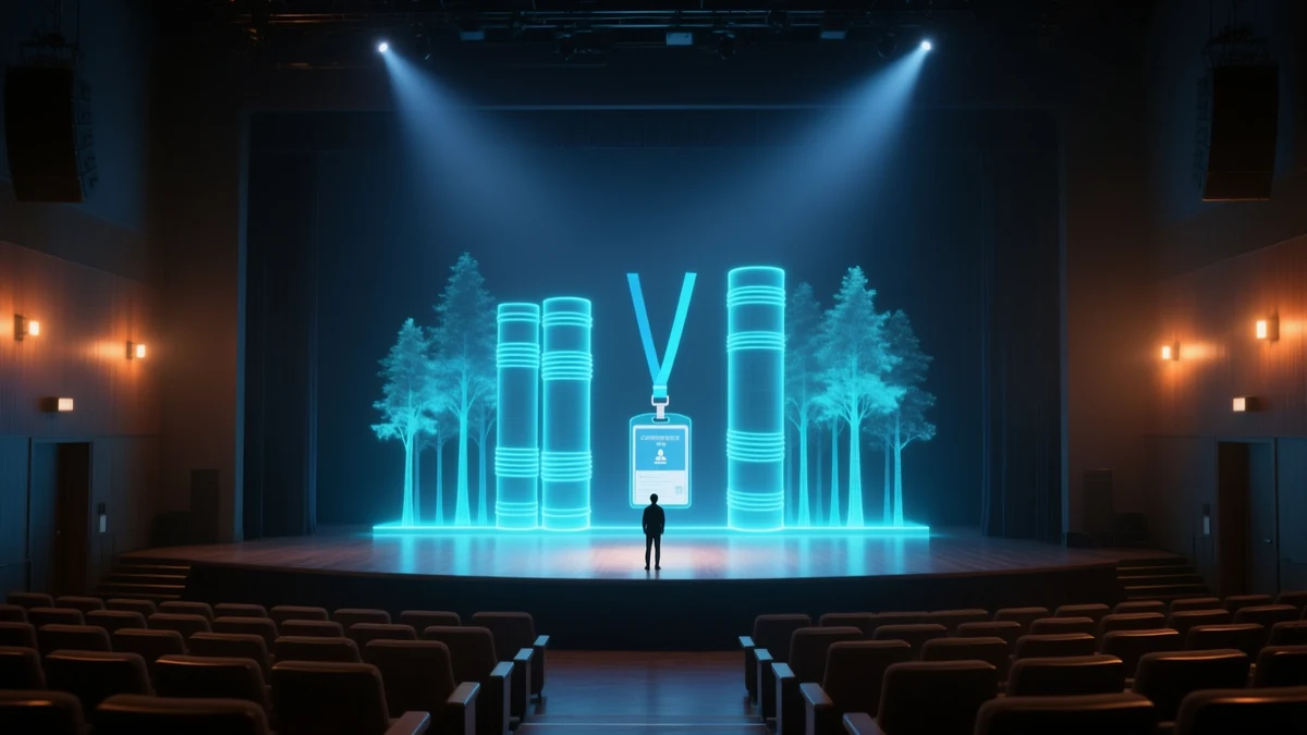 A darkened lecture auditorium with a luminous cluster of glowing vertical bars and a conference badge rising from the stage