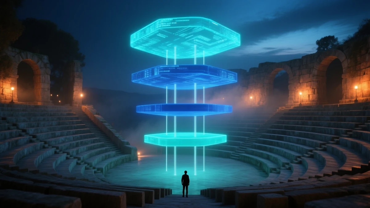 A stone amphitheatre at night with three concentric luminous platforms floating above the terraced seating at three separate heights