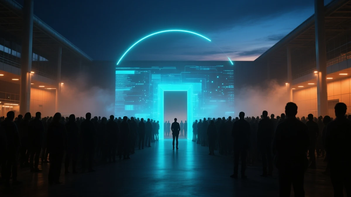 The entrance hall of a convention centre at night, a dense crowd of silhouettes before a narrow luminous gateway that only a thin stream passes through