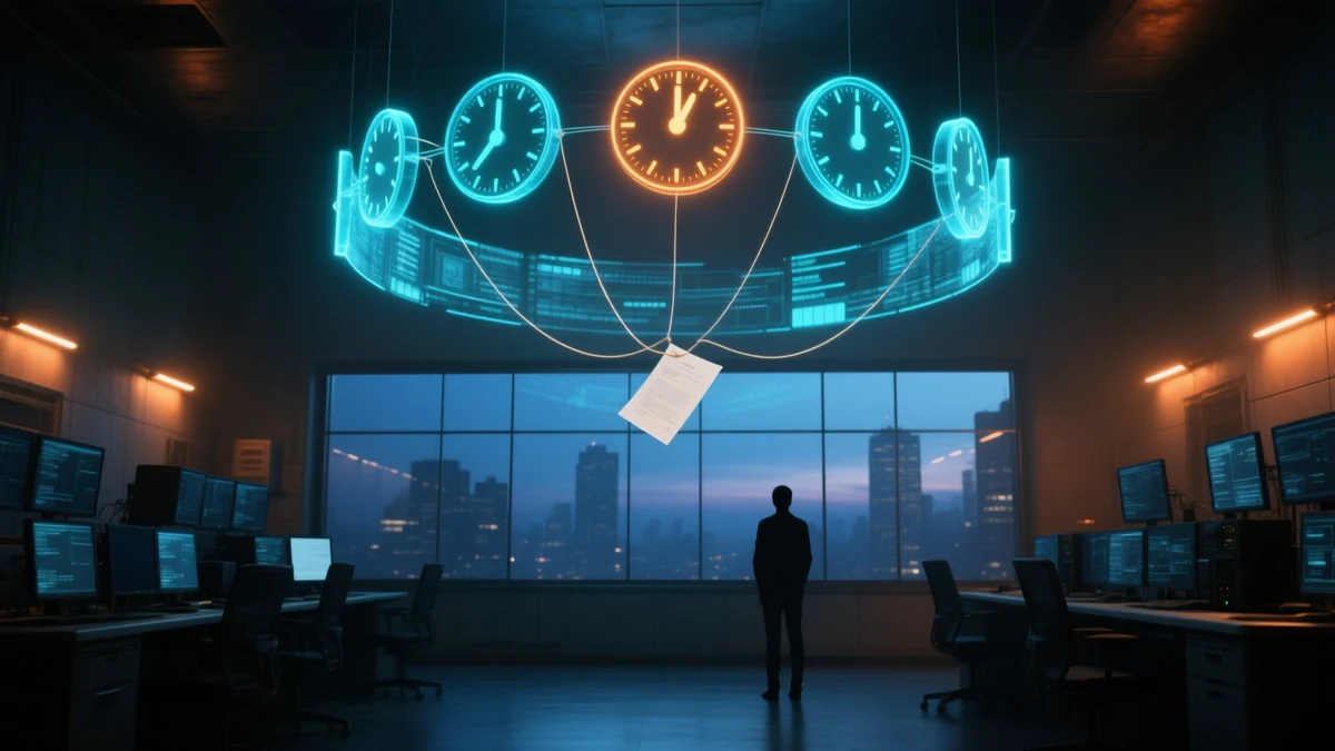 A dim operations room at night with a ring of large luminous countdown clock faces suspended above the desks, one of them glowing amber