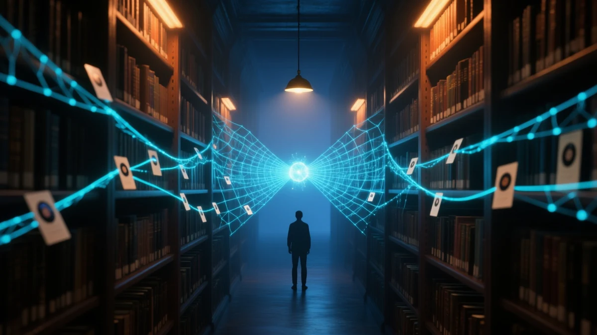 Deep library stacks at night with a luminous web of fine threads running along the shelves and converging on one bright central node