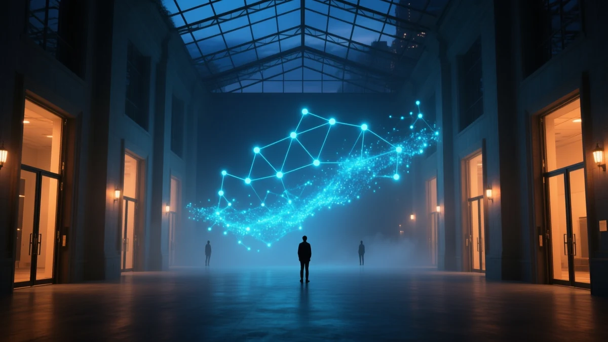 A vast glass-roofed atrium at night with a luminous constellation of interlinked points drifting outward through open doorways