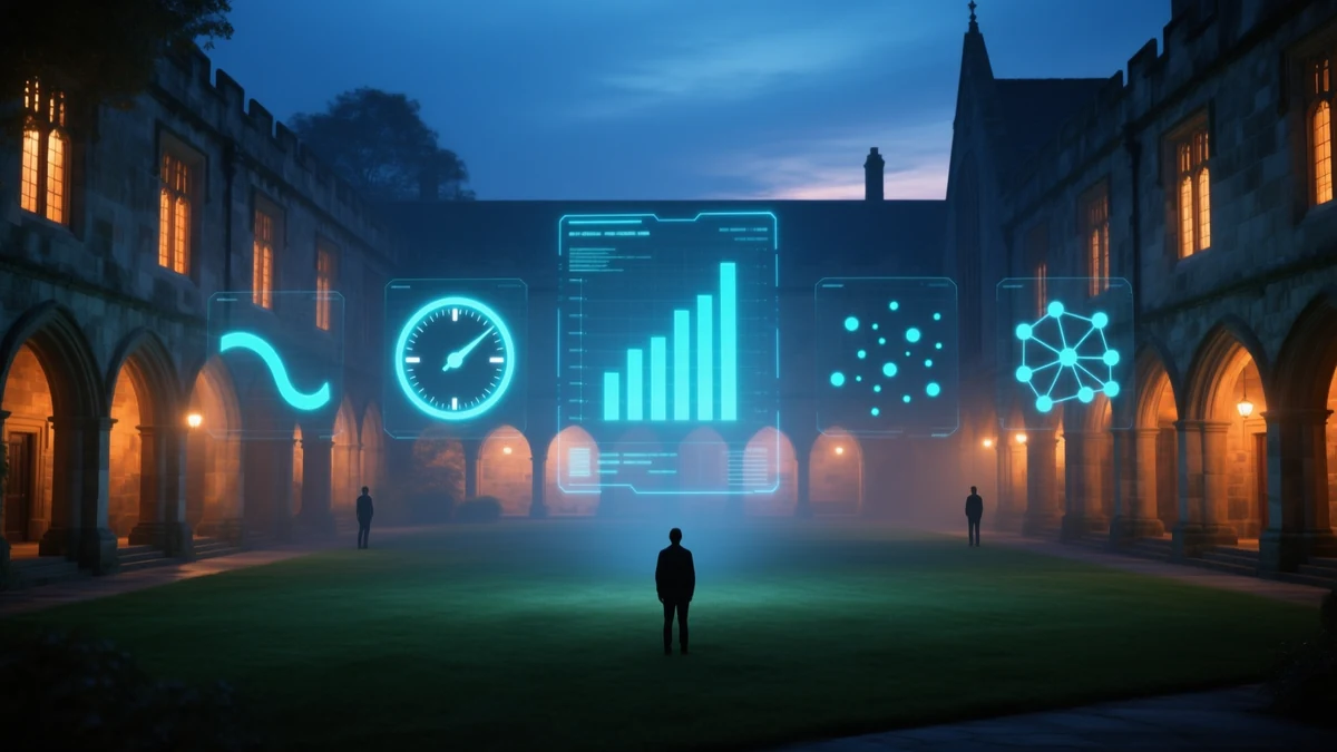 A university quadrangle at blue hour with several separate luminous gauges floating above the lawn, a curve, a dial, a bar chart and a network, never merged into one
