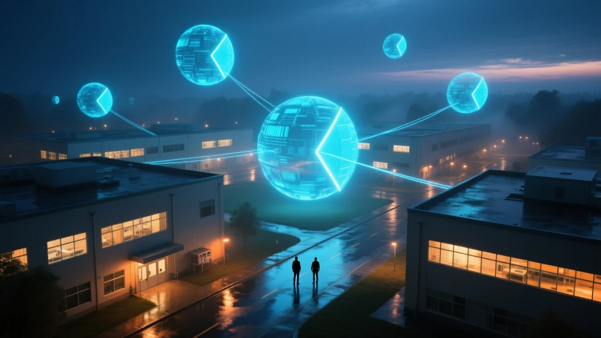 A research campus at night seen from above, luminous segmented spheres hovering over individual laboratory buildings and linked by fine filaments