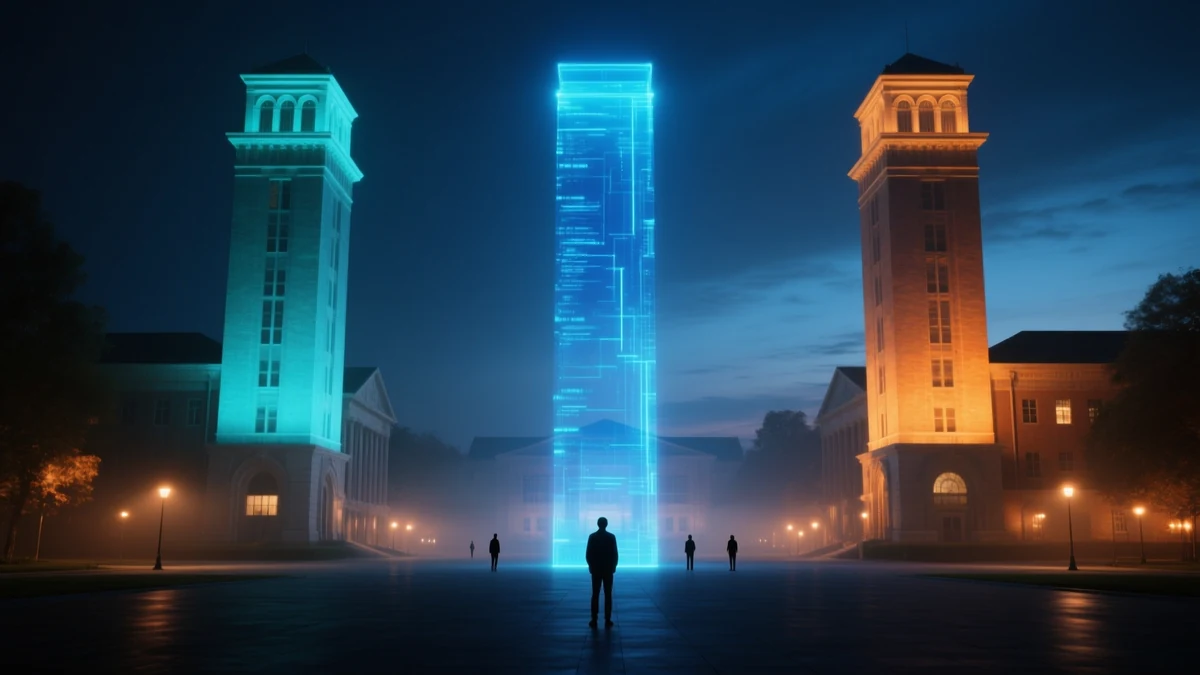 Three university towers standing apart across a dark plaza, each with a luminous column of different height and colour above it