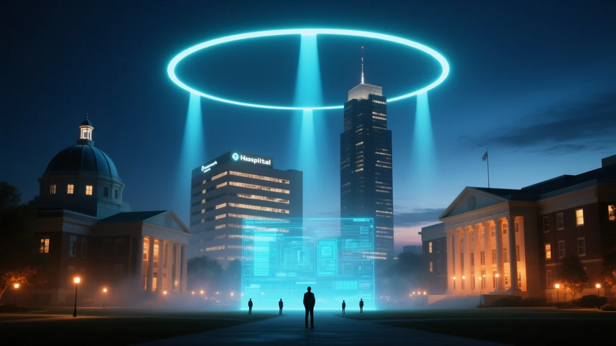 A night skyline of a university dome, a hospital block, a corporate tower and a government building beneath one large luminous arc divided into segments
