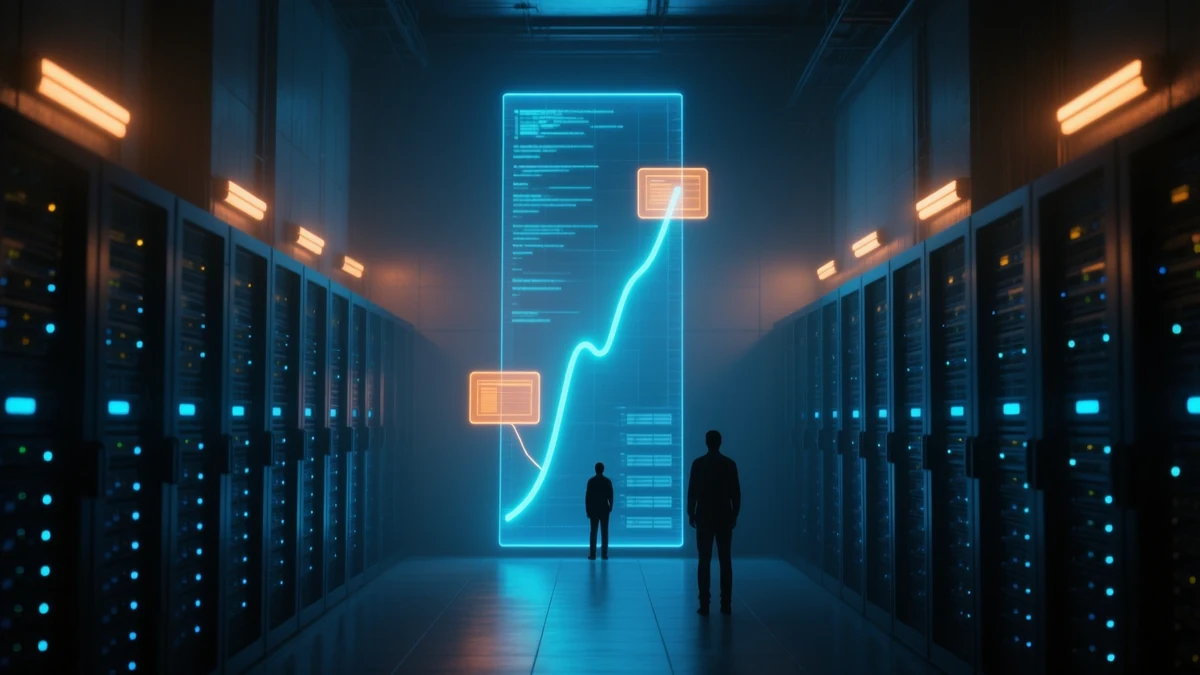 A dim data-centre corridor at night with a tall luminous panel carrying a steeply climbing curve and smaller panels branching from it