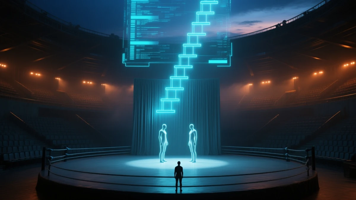 A darkened arena at night with two identical luminous figures facing each other in the ring beneath a floating ladder of ranked rungs
