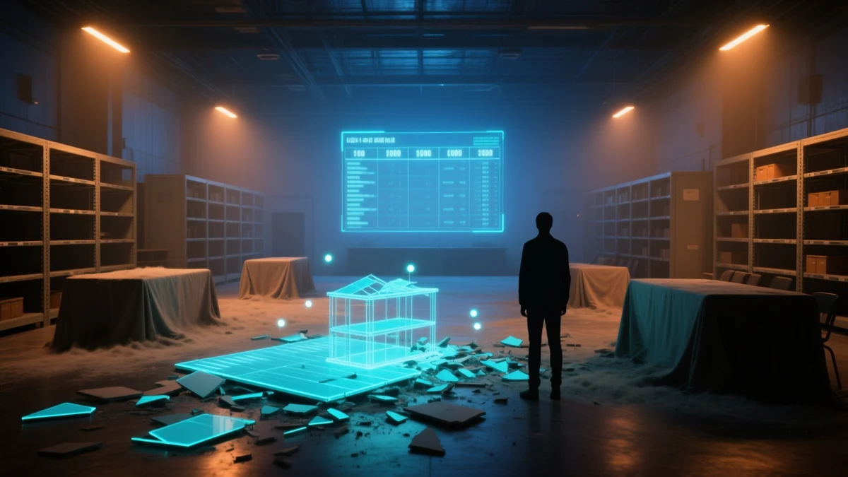 A closed archive hall at night with dust sheets over the furniture and a collapsed luminous leaderboard lying broken across the floor