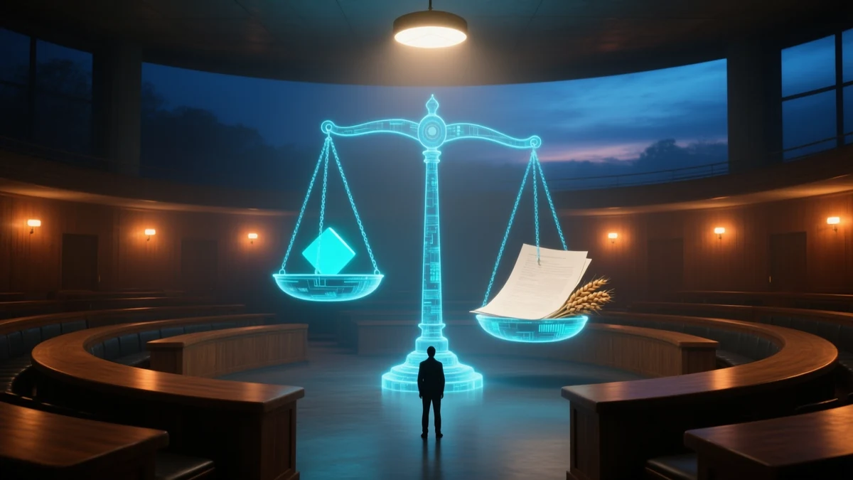 An empty council chamber at night with a colossal luminous balance scale, a single bright solid on one pan outweighed by a sheaf of documents on the other