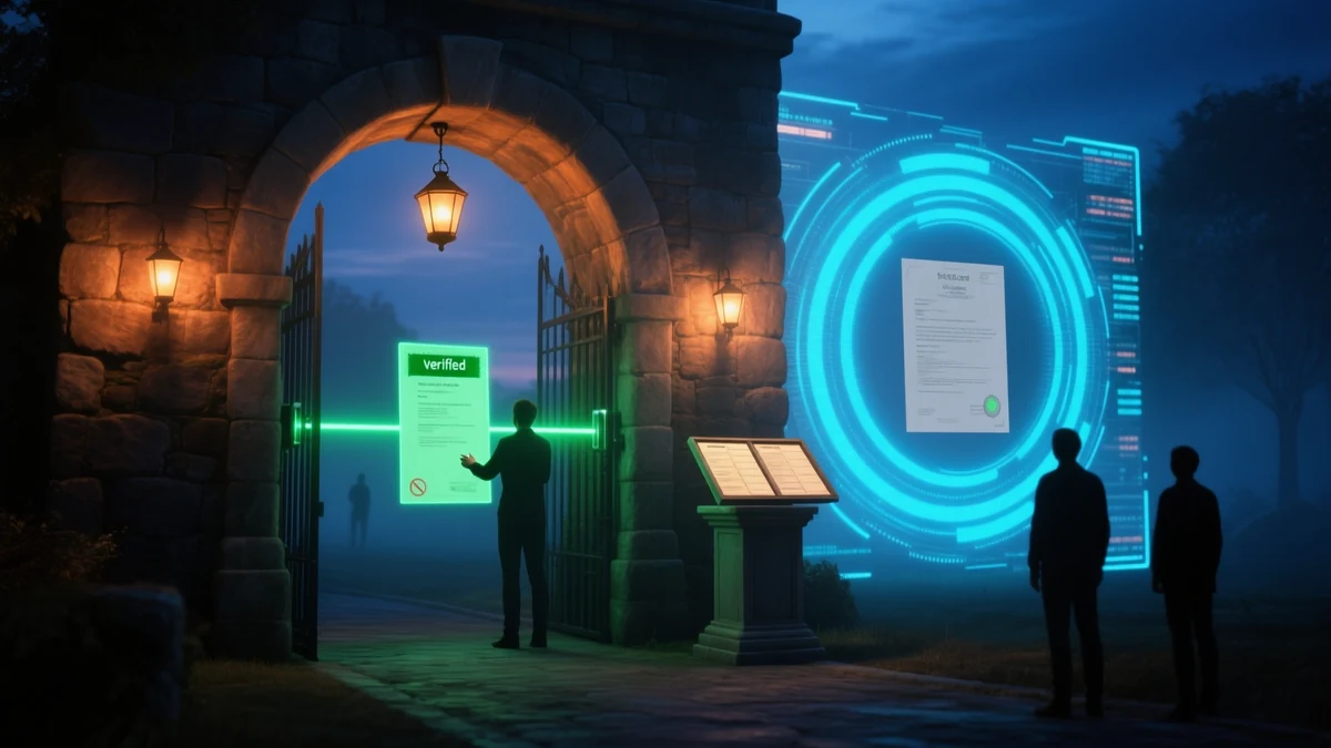 A stone gatehouse at night with a luminous checkpoint ring in the arch, one document verified and glowing green while another is held back and greyed out