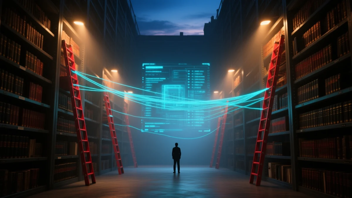 A tall archive hall at night with red ladders against the shelves and luminous threads tracing outward from marked volumes to the books that cite them