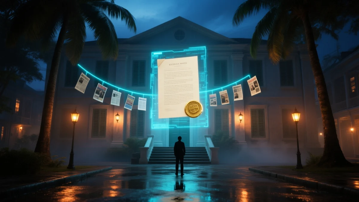 A colonial-era institutional building at night in a tropical city, a large luminous document panel above the steps with a glowing gold seal and rows of floating periodicals