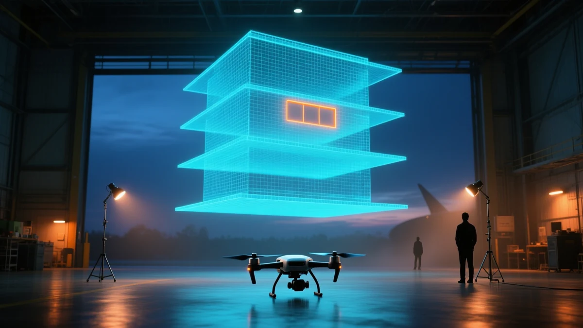 An aircraft hangar at night with a quadcopter drone on the floor and four stacked horizontal luminous grid sheets above it, one cell left as an amber gap