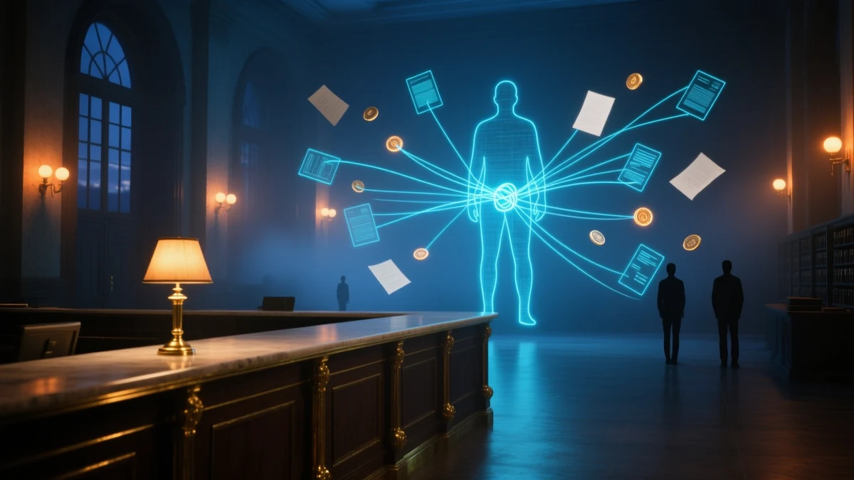 A registry hall at night with a luminous human silhouette at the centre and fine threads binding it to floating documents, building outlines and small tokens