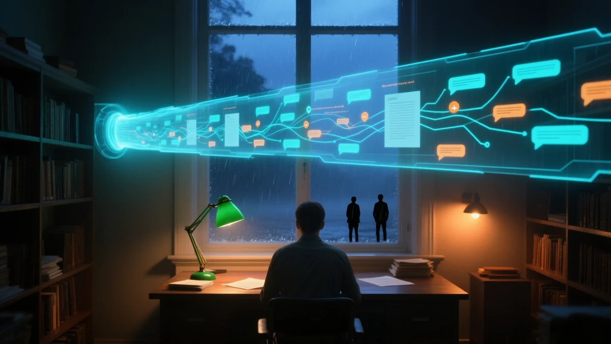 A quiet reading room at night with a luminous stream of documents flowing in through a high window and a transparent annotation layer overlaid on it