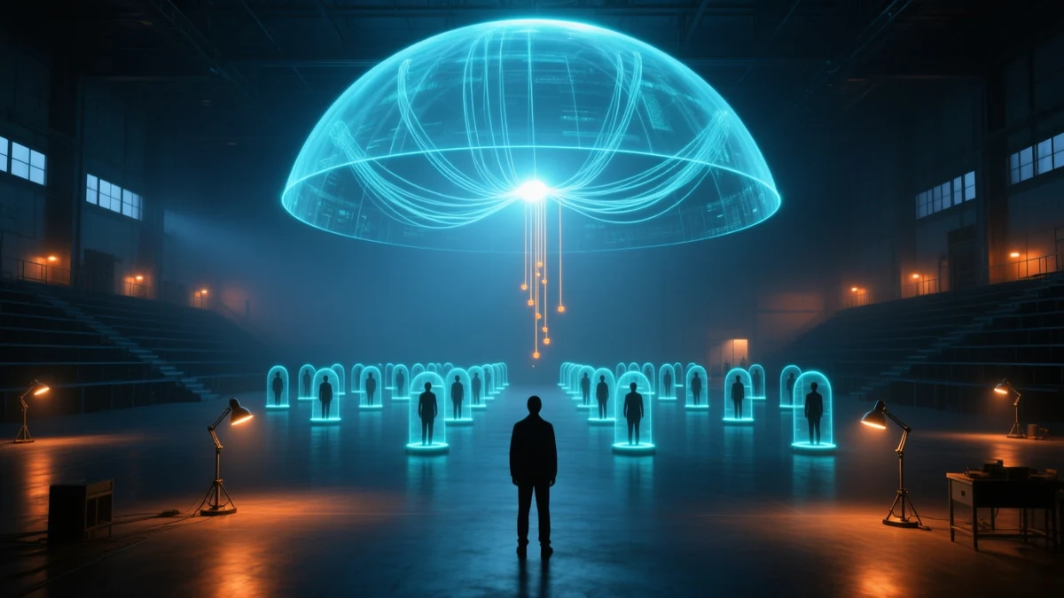 A dark hall at night lit by warm work lamps, rows of small human silhouettes each standing sealed inside its own glowing cyan capsule, and above them one vast dome of interwoven light whose bright core drops a thin line of amber beads that stops short of the floor