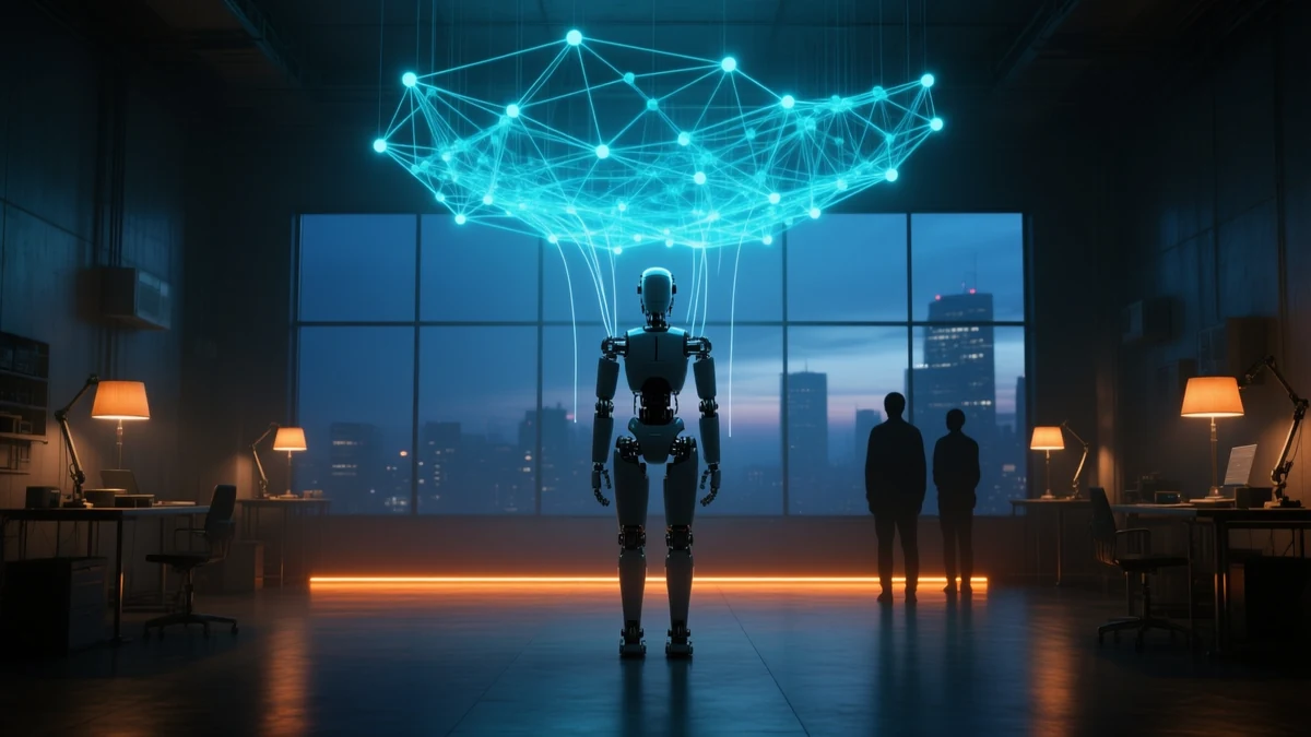 A dim hall at night behind a wall of glass onto a city, warm desk lamps at either side. A small pale humanoid robot stands alone on the floor while a vast glowing cyan lattice of linked points hangs above it, many times its size, dropping thin filaments down into its shoulders. A narrow band of amber light runs across the floor behind it, and two human silhouettes stand watching.