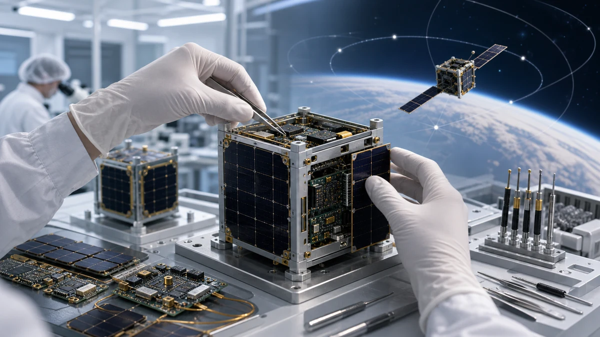 Scientific illustration of F-1 nano satellite fabrication in a clean laboratory