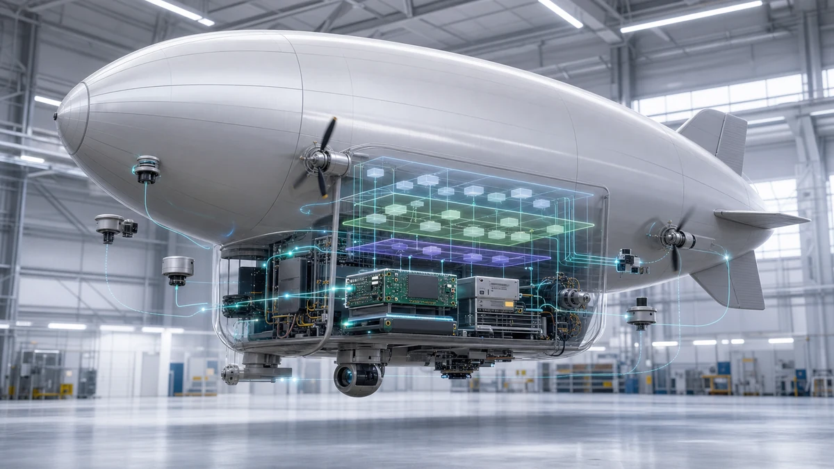 Scientific illustration of embedded hardware and software architecture in an unmanned airship