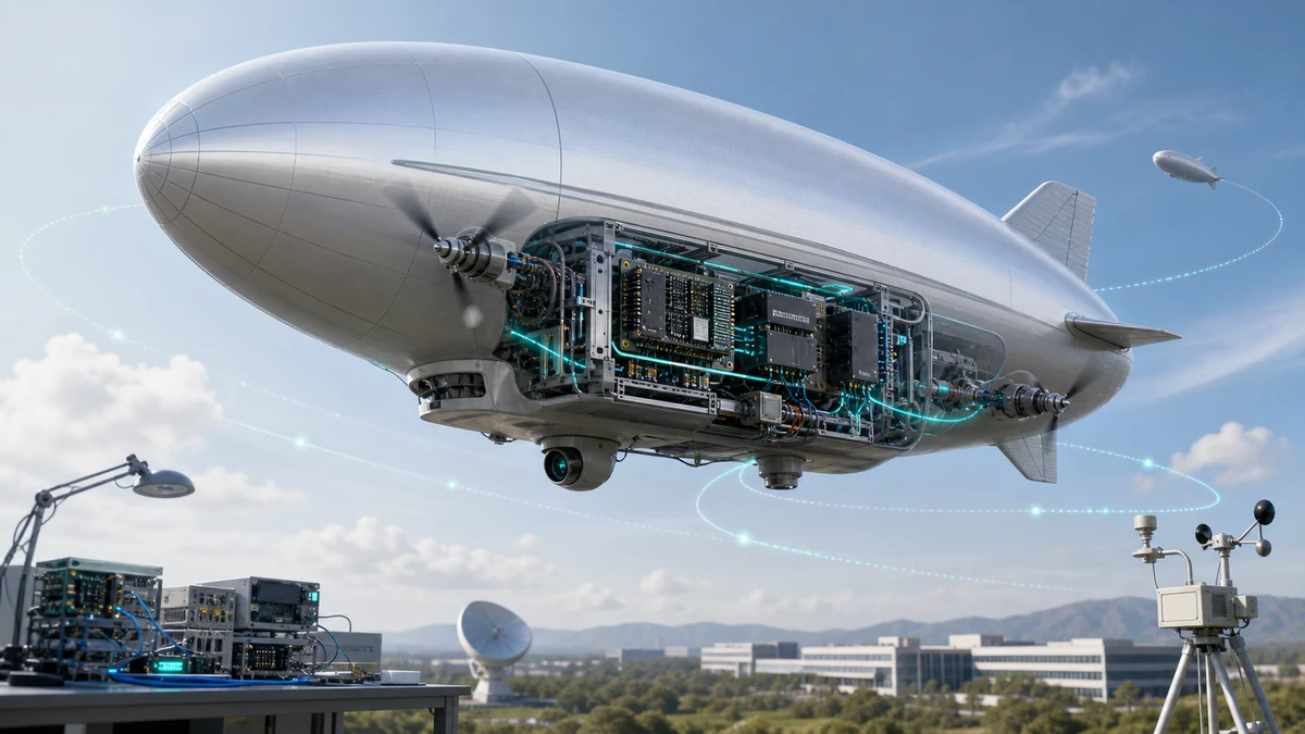 Scientific illustration of automatic embedded control hardware and software systems in an unmanned airship