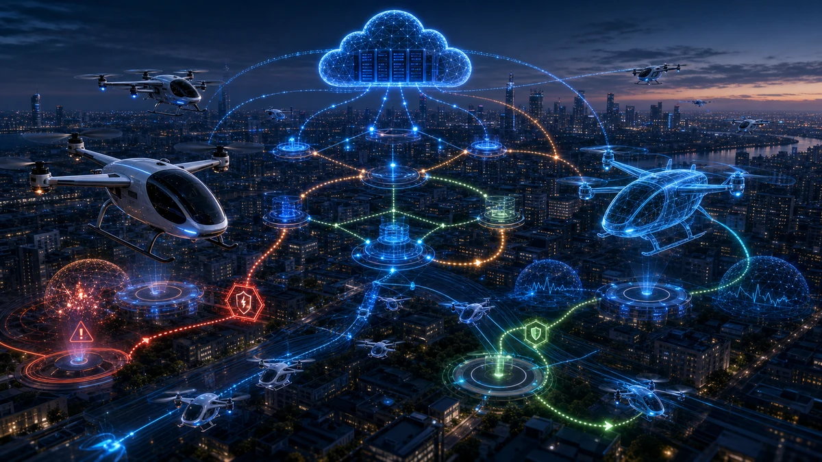 Scientific illustration of digital twin urban aerial mobility service survivability