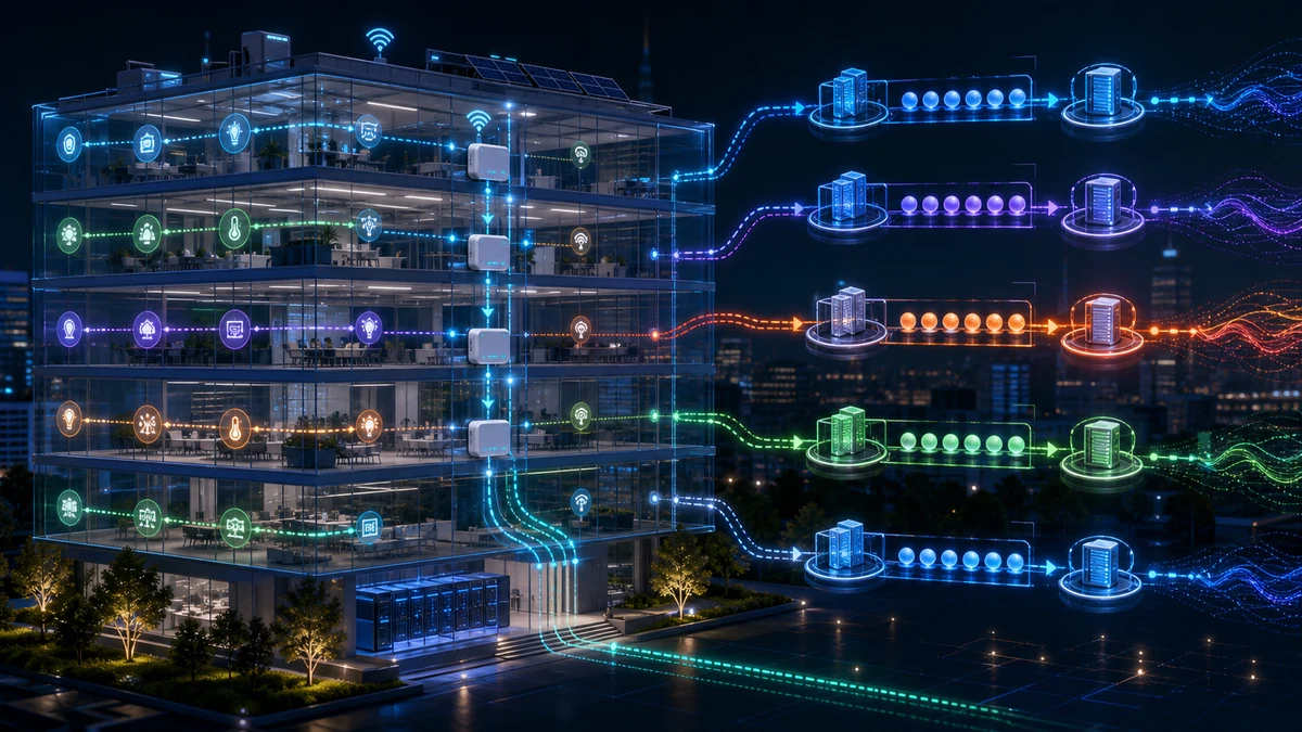Scientific illustration of IoT sensor networks in smart buildings assessed using queuing models